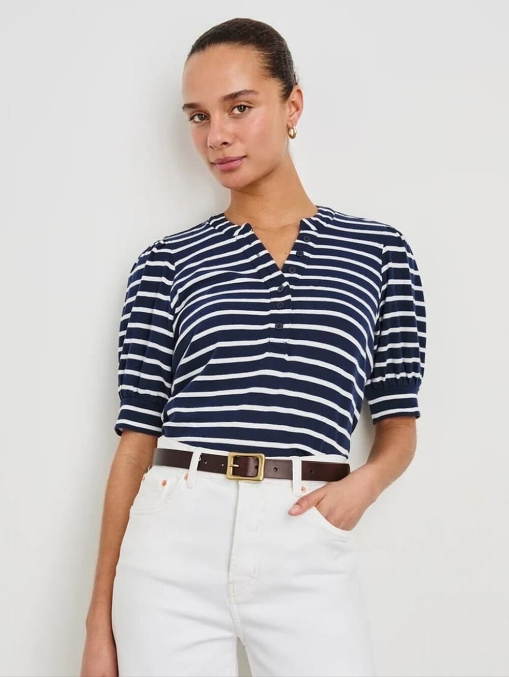 RAILS Jewel Navy White Striped Cotton Puff Sleeve Henley Top